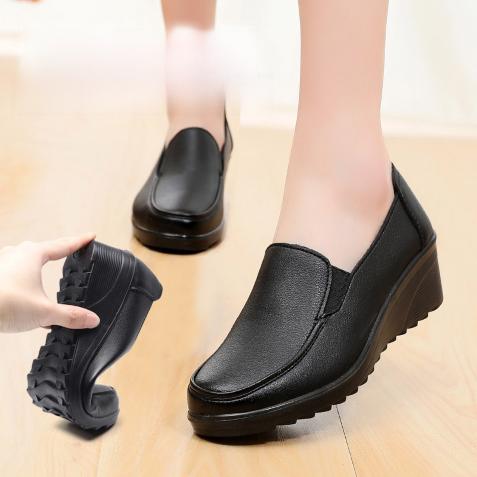 Elegant Leather Wedge Pumps – Stylish Office & Casual Footwear For Women