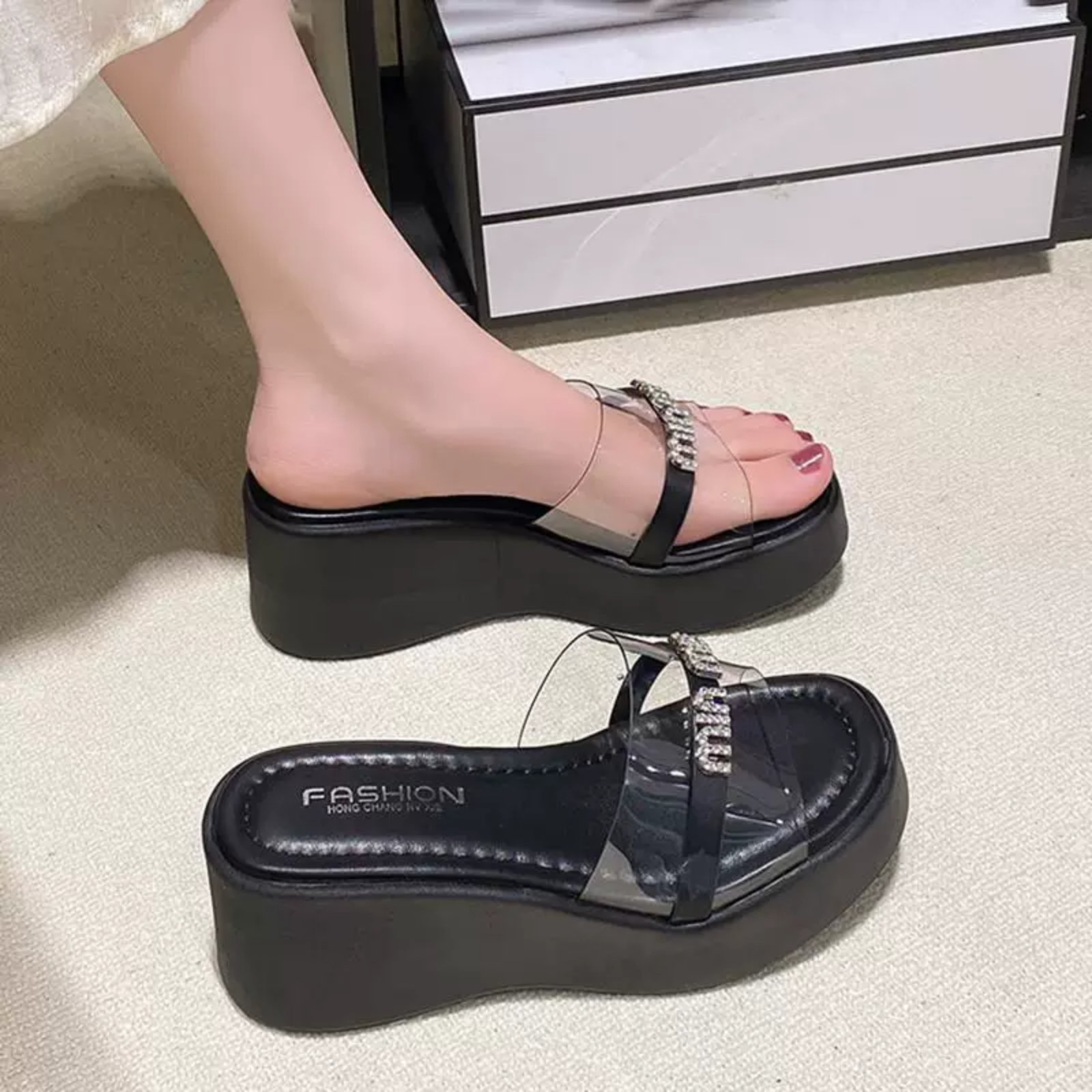 Elegant Crystal Embellished Transparent Strap Platform Sandals – Off White & Black For Women