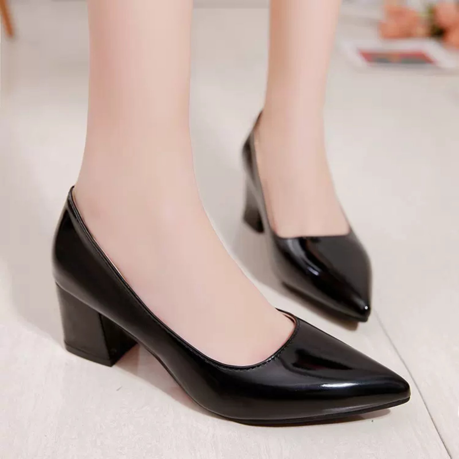 LuxeShine  Black Patent Block Heels for Woman