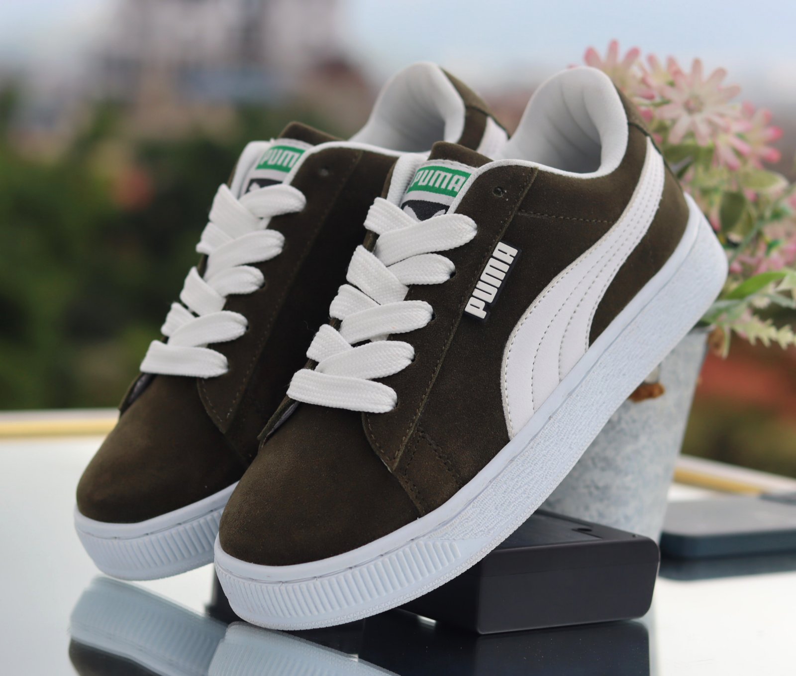 Classic Suede Olive Green White Sneakers For Women - Green (39)
