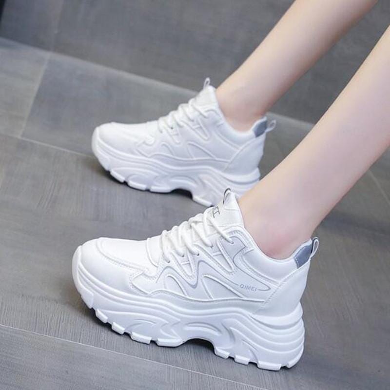 Genuine Leather Platform Wedge Sneakers For Women - White (35)