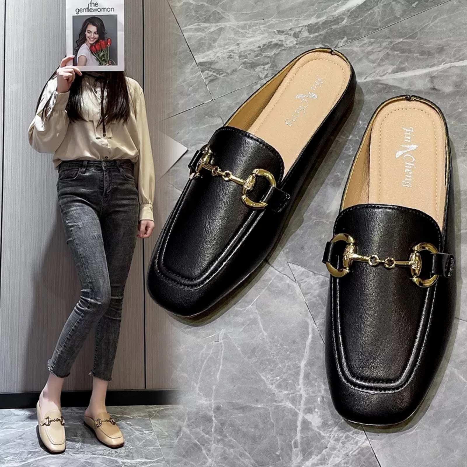 Leather Headwrap Slip-On Flat Mules For Women - Black (35)