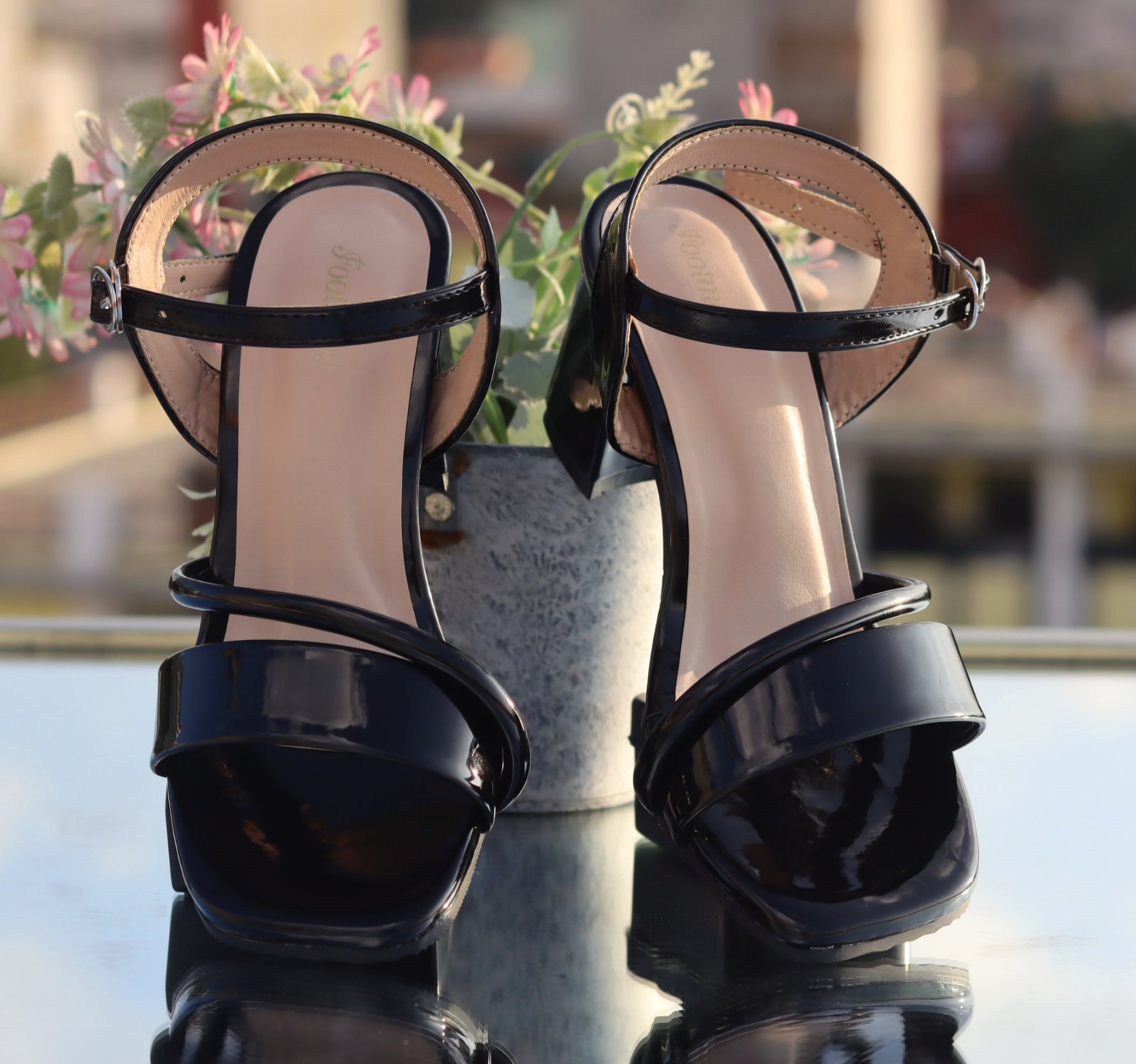 Elegant Glossy Black Ankle-Strap Block Heels For Women