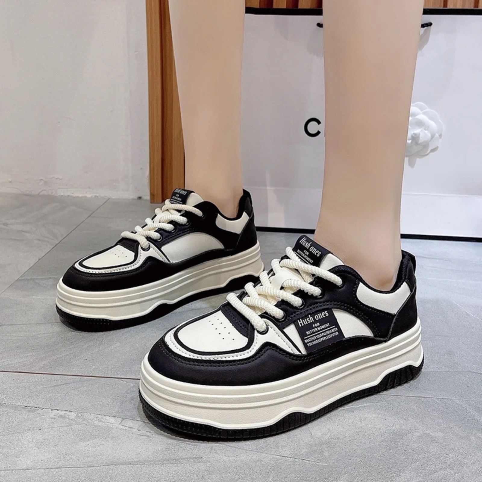Korean Genuine Leather Lace-Up Platform Sneakers For Women