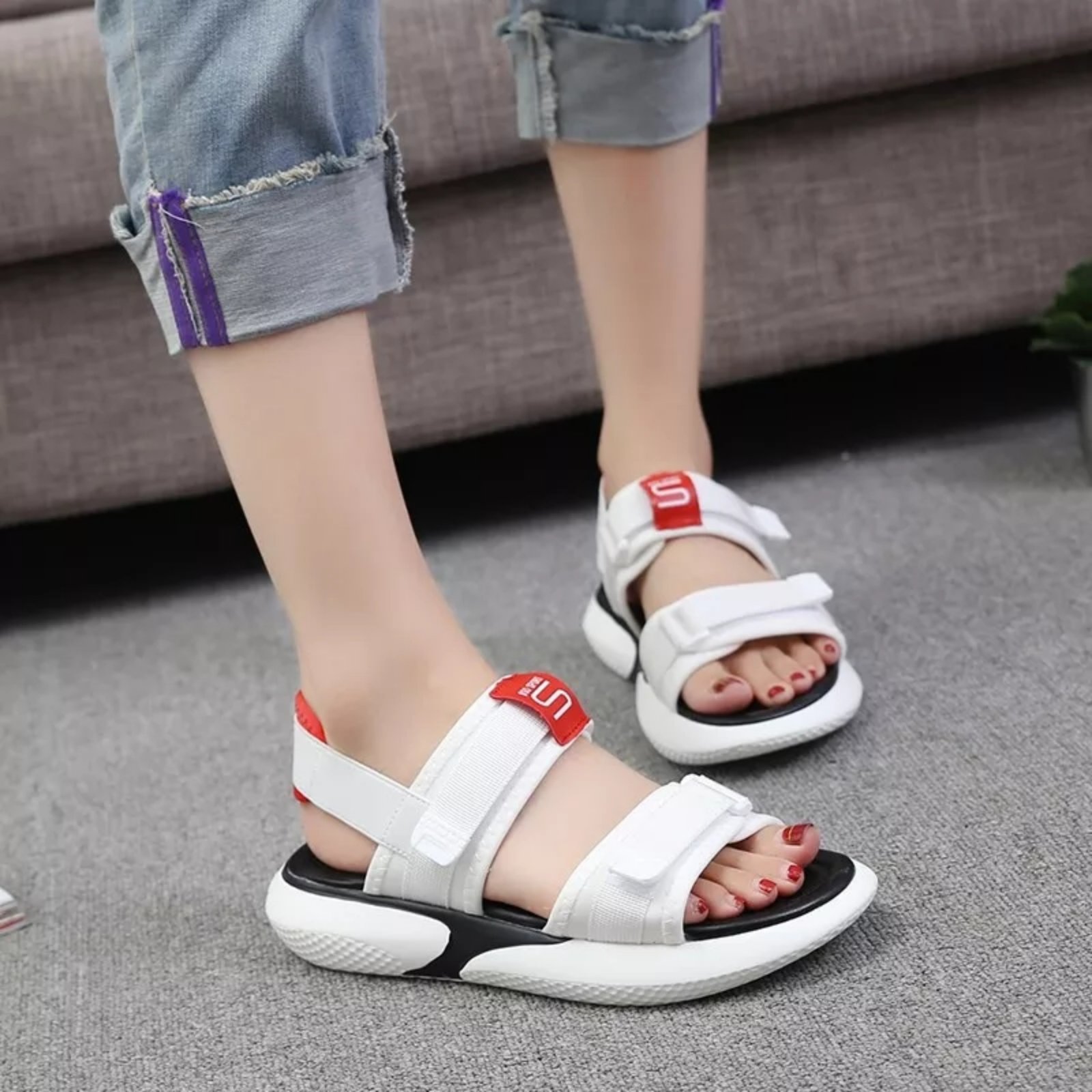 Korean Mesh Hook-And-Loop Platform Sandals For Women - White (39)