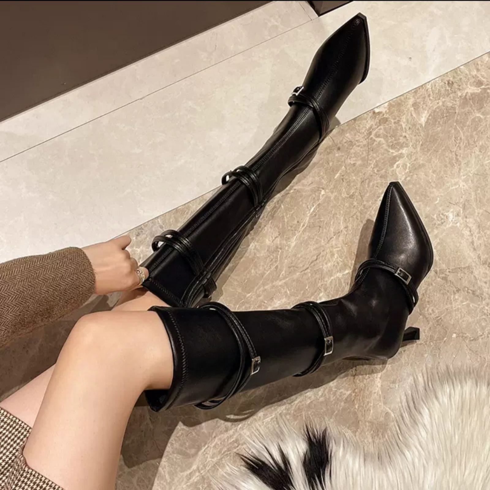 Metal Buckle Pointed-Toe Over-The-Knee Boots For Women - Black (35)