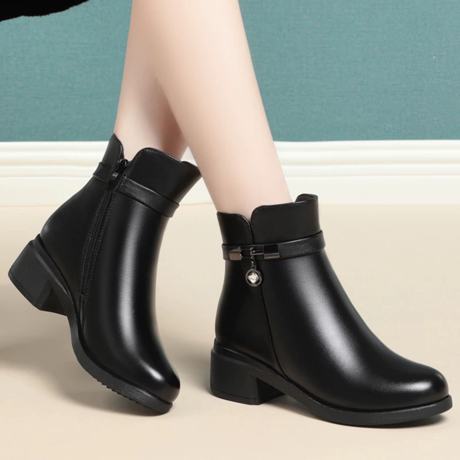 Genuine Leather Round-Toe Ankle Boots For Women