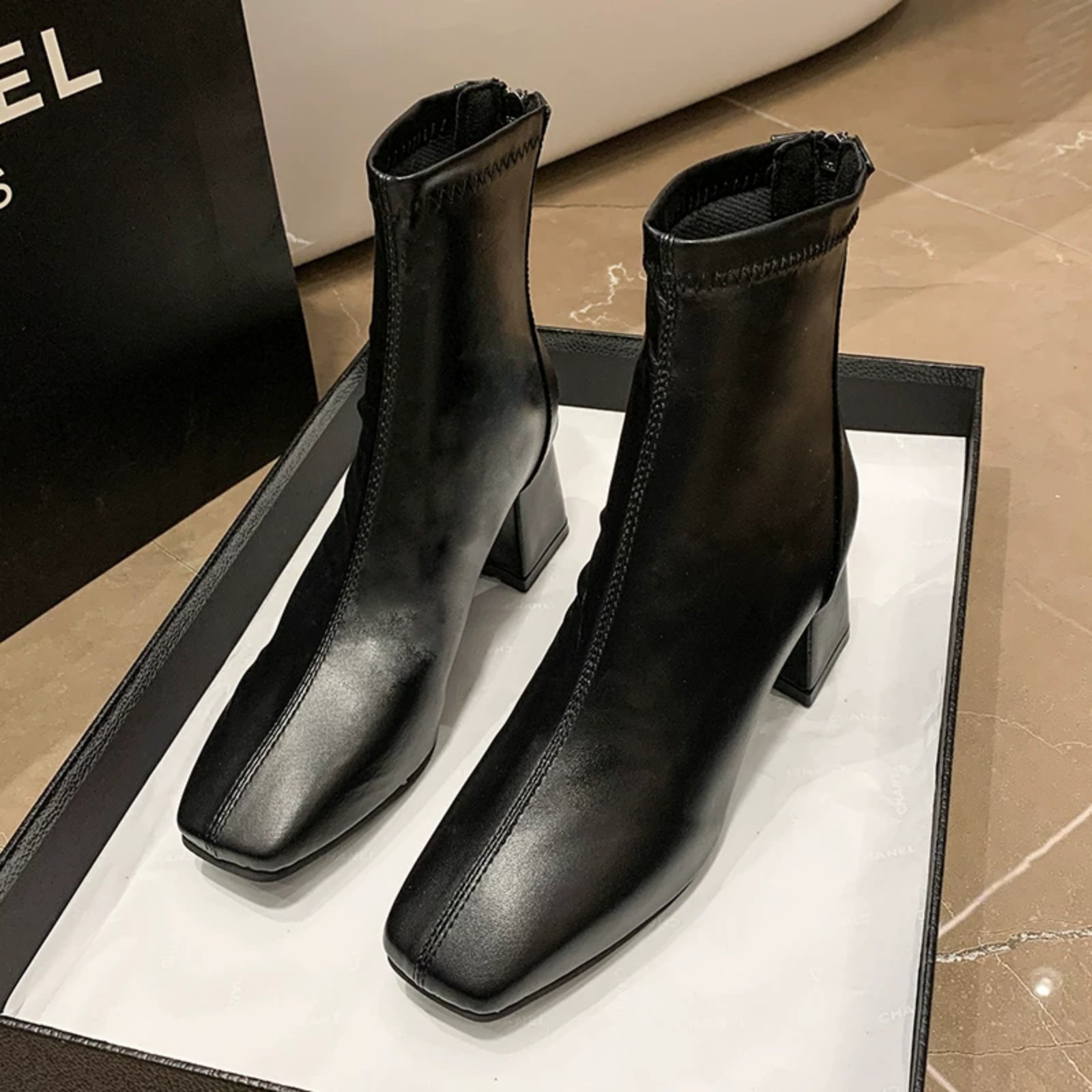 Premium Black Leather Square-Toe Boots For Women