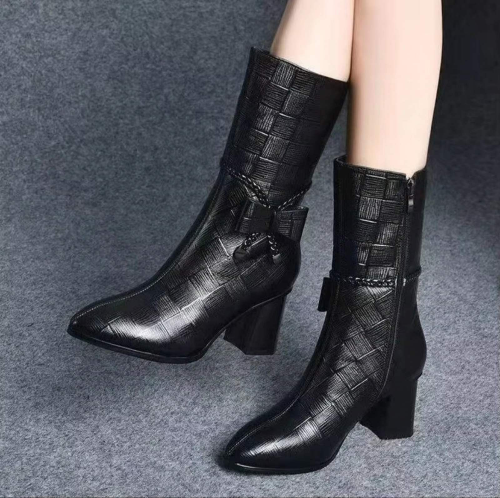 Genuine Leather Round-Toe High-Heel Ankle Boots For Women