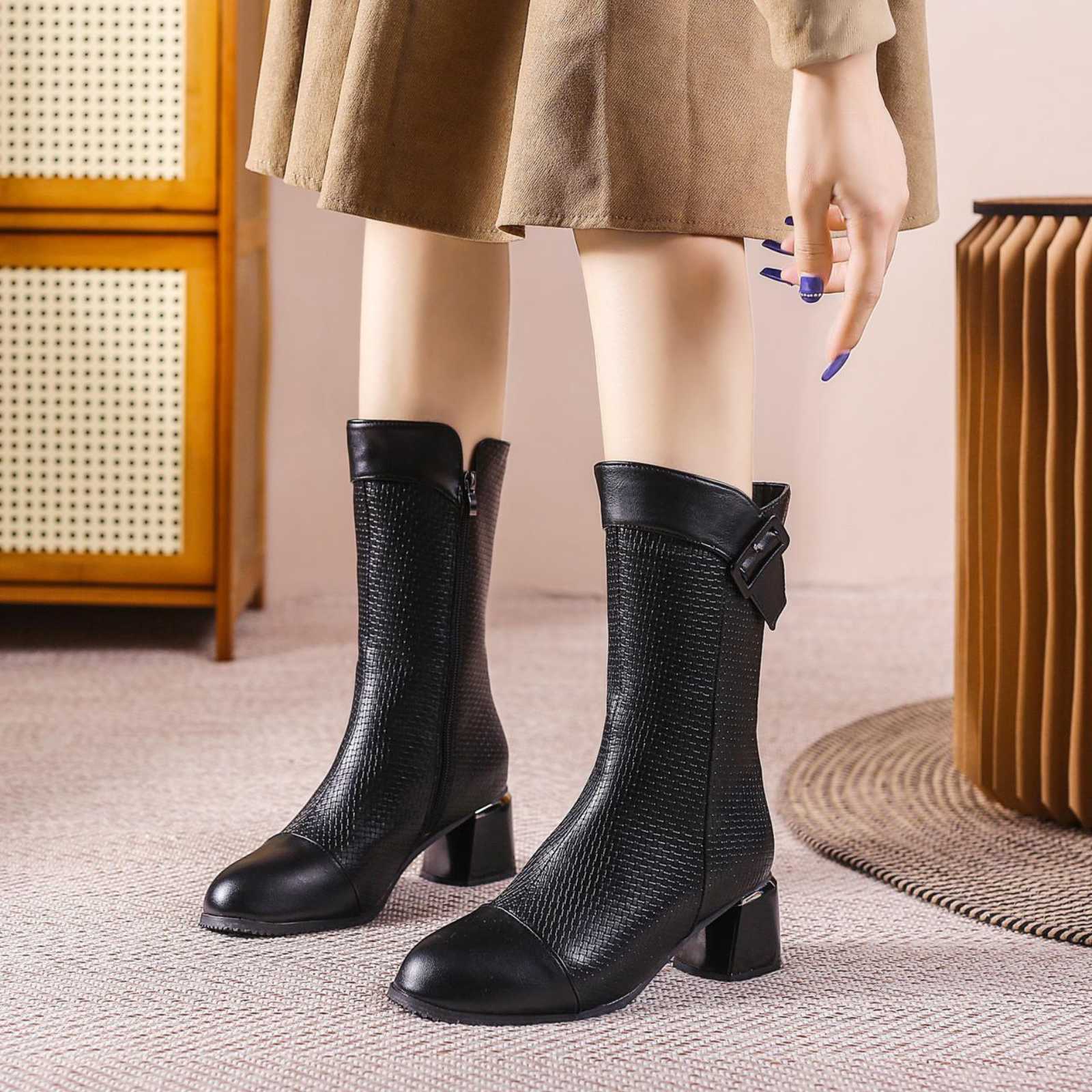 2025 Genuine Leather High-Heel Ankle Boots For Women