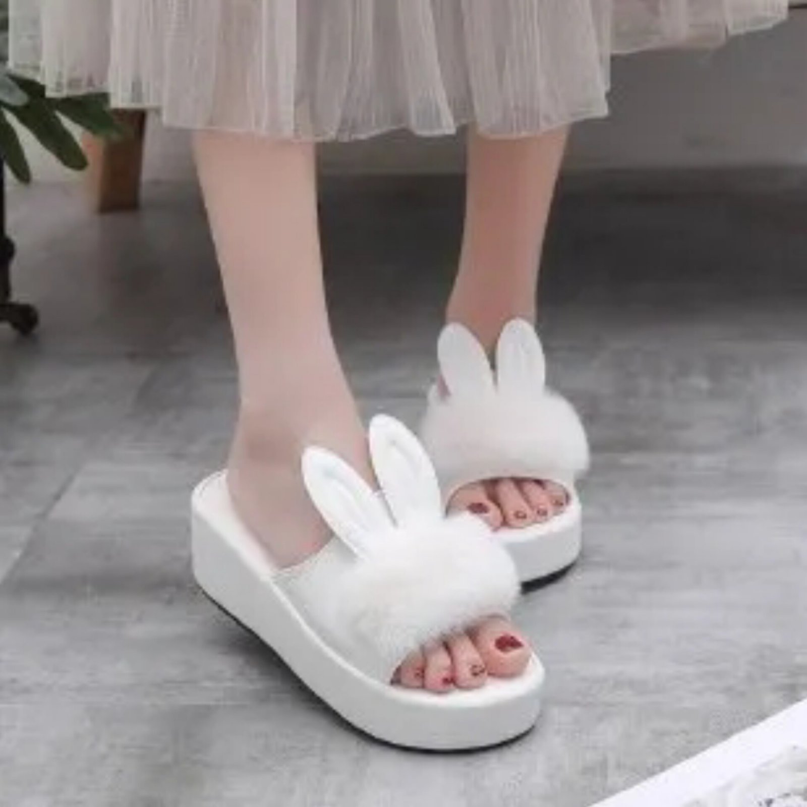 Cute Rabbit Fur Thick-Soled Platform Slippers For Women