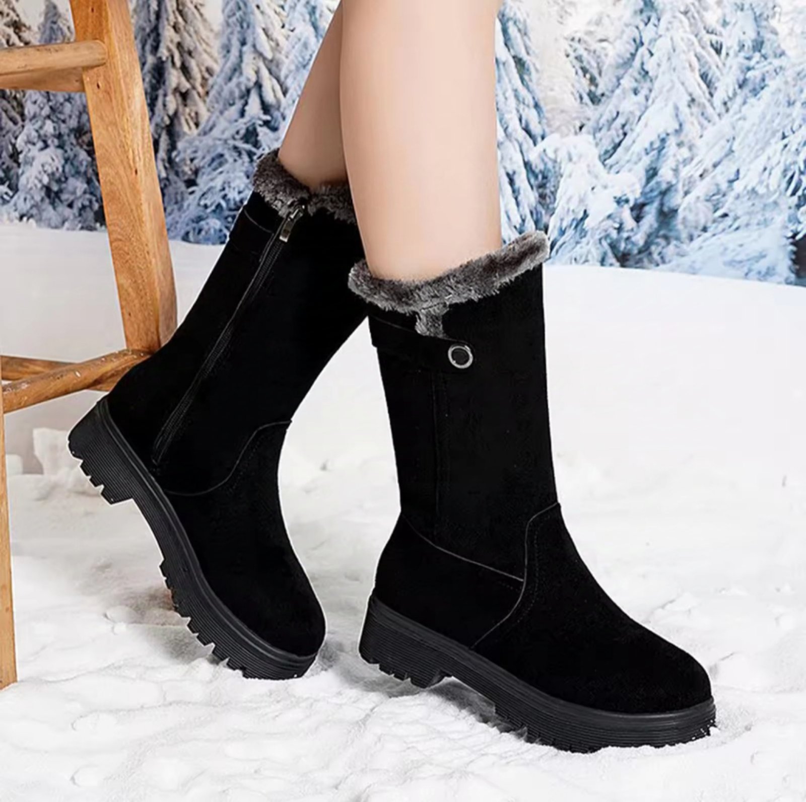 Women’s Warm Mid-Heel Zipper Snow Boots With Soft Non-Slip Sole For Women