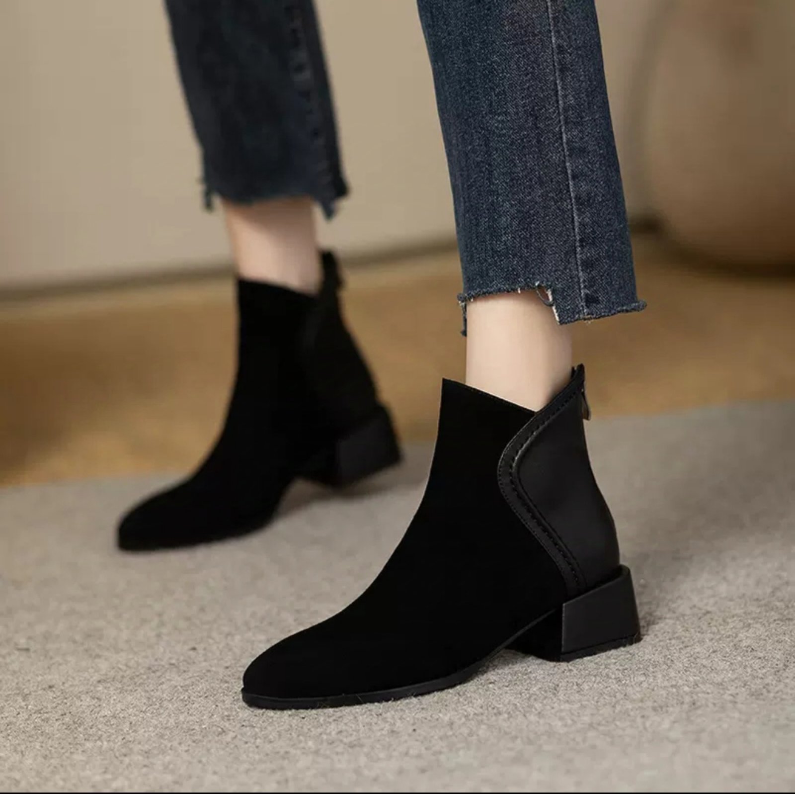 Korean Genuine Leather Zipper Heel Ankle Boots For Women
