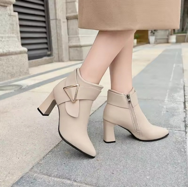 Korean Genuine Leather Buckle High-Heel Boots For Women