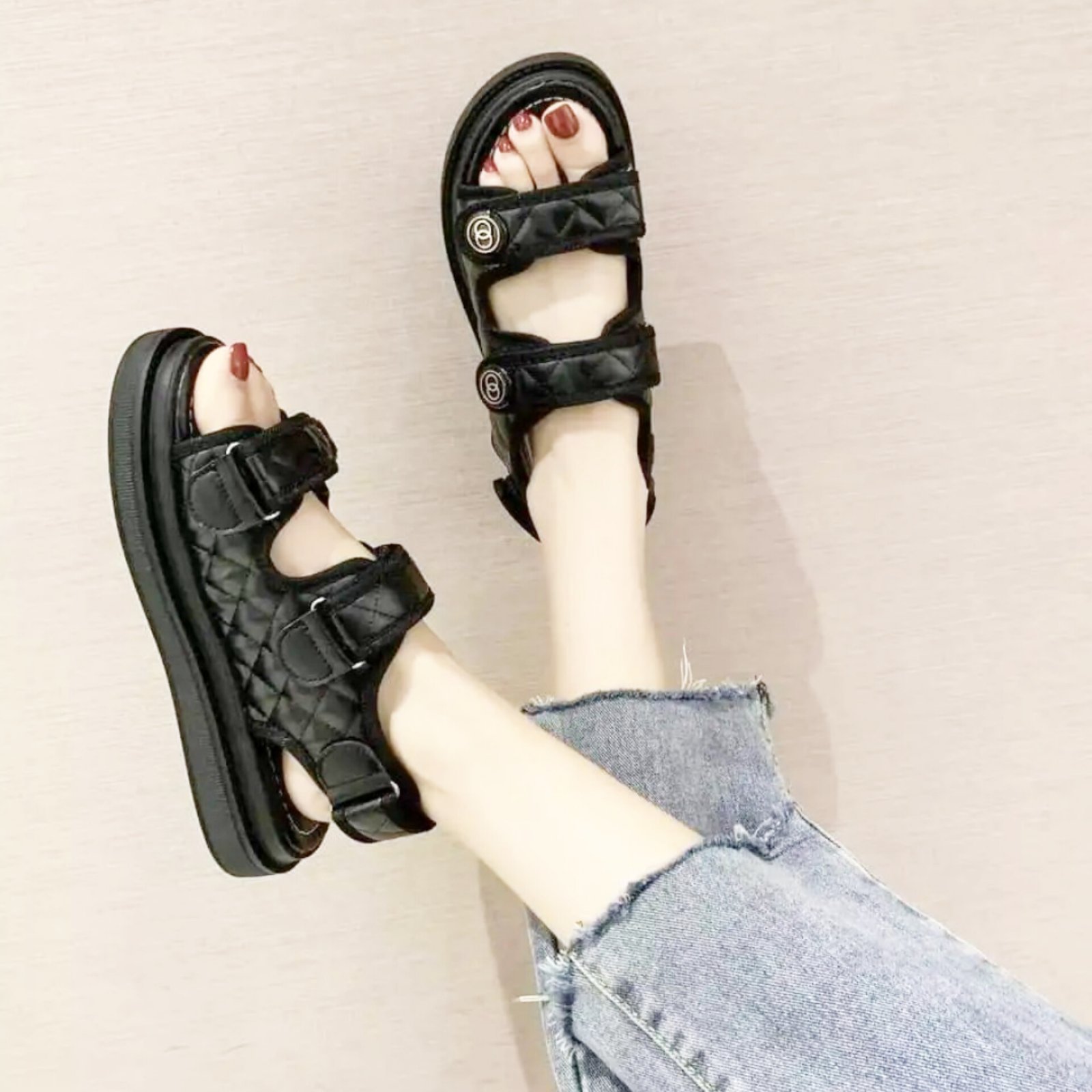 Korean Mesh Open-Toe Platform Sandals For Women - Black (35)