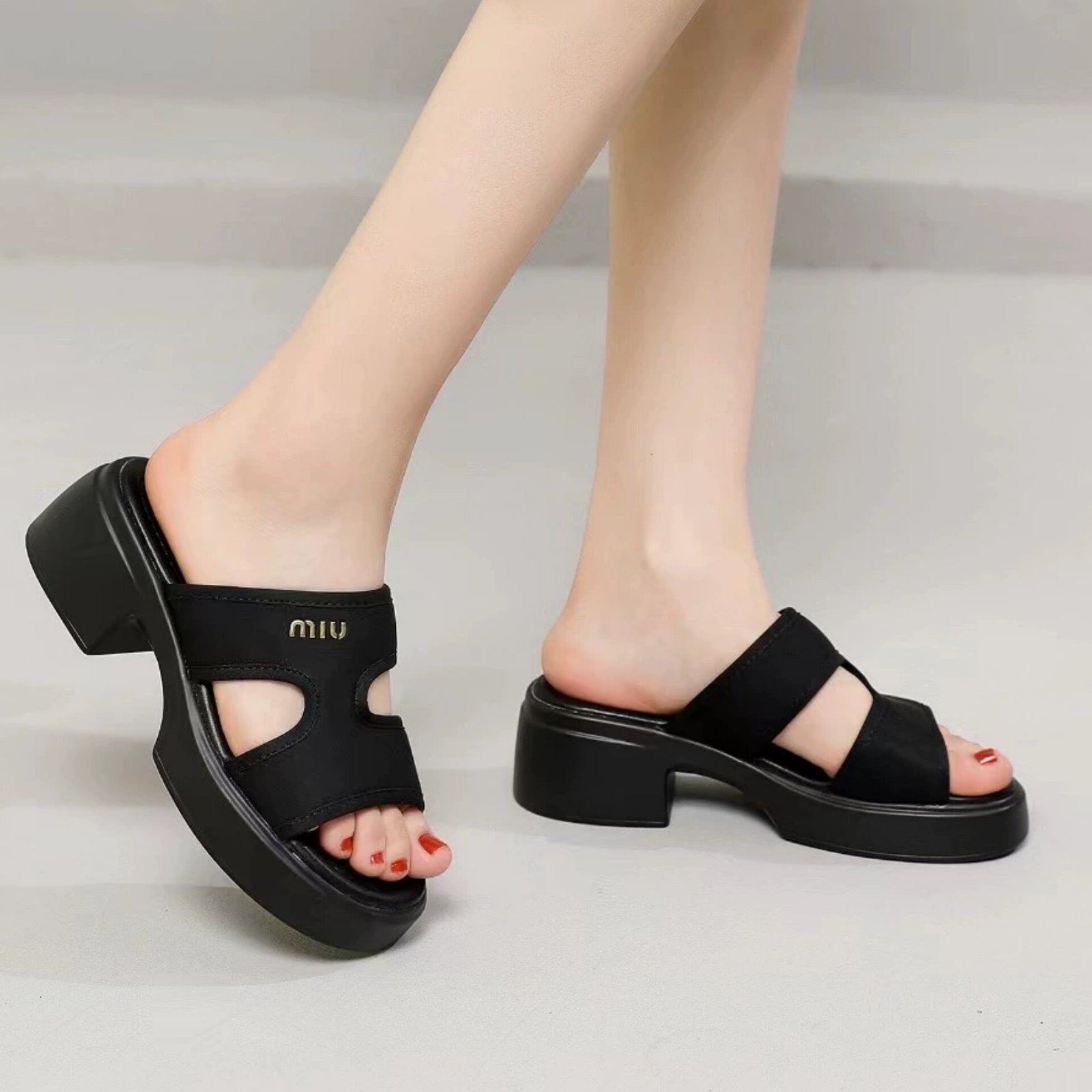Luxe Glam Black Slip-On Block Heel Sandals For Women