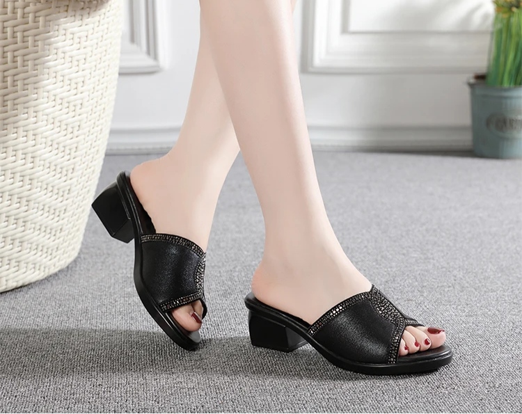 Rhinestone Mesh Open-Toe Heeled Slippers For Women