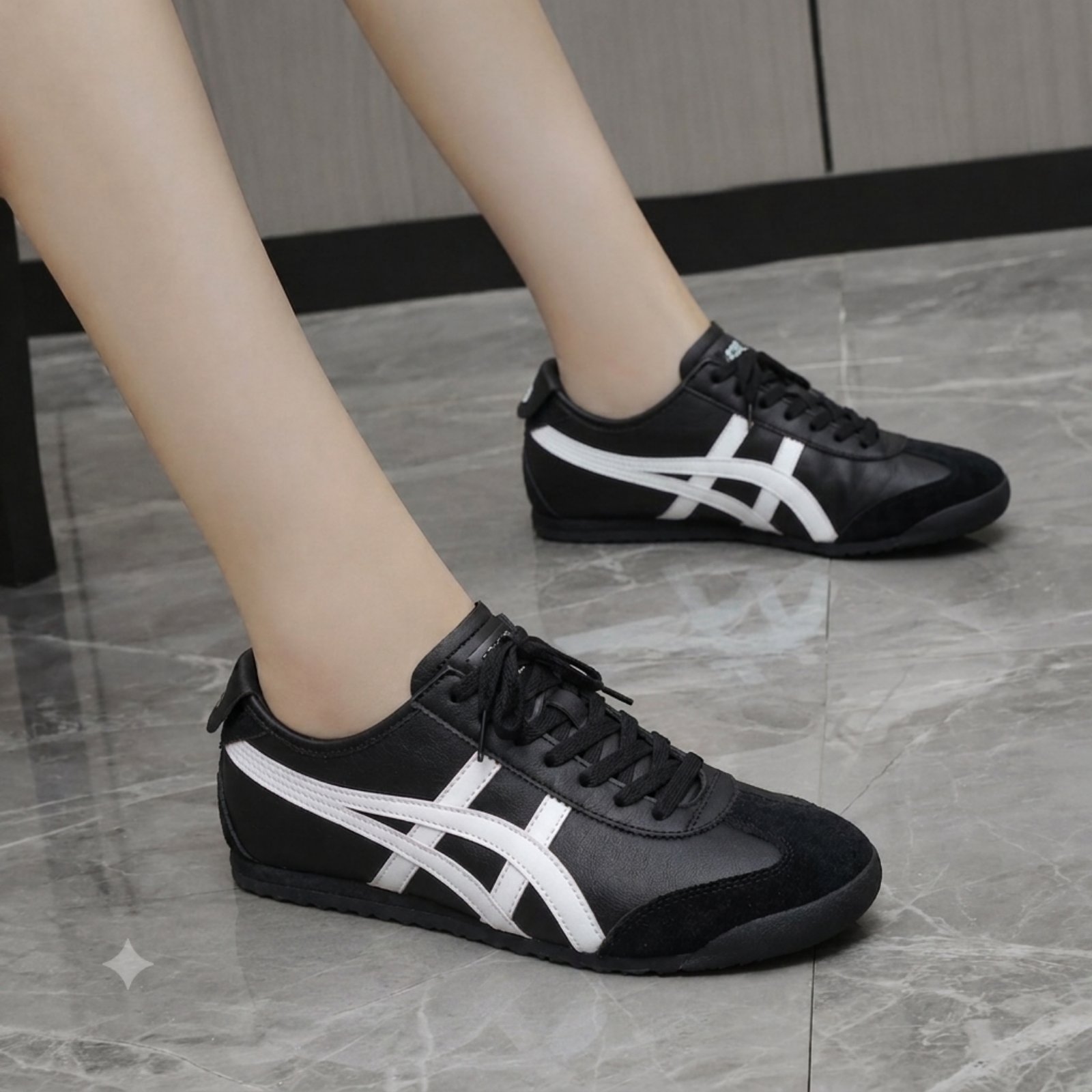 Premium Classic Stripe Leather Lace-Up Sneakers For Women