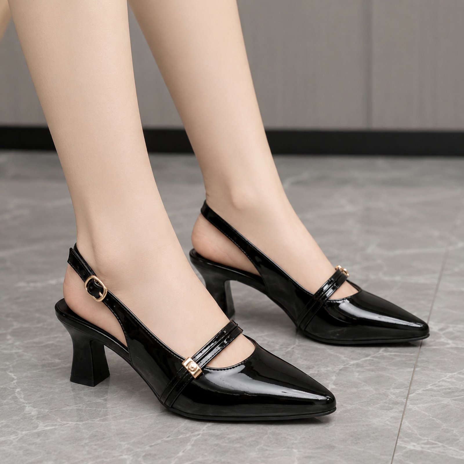 Premium Glossy Patent Pointed-Toe Slingback Block Heels For Women