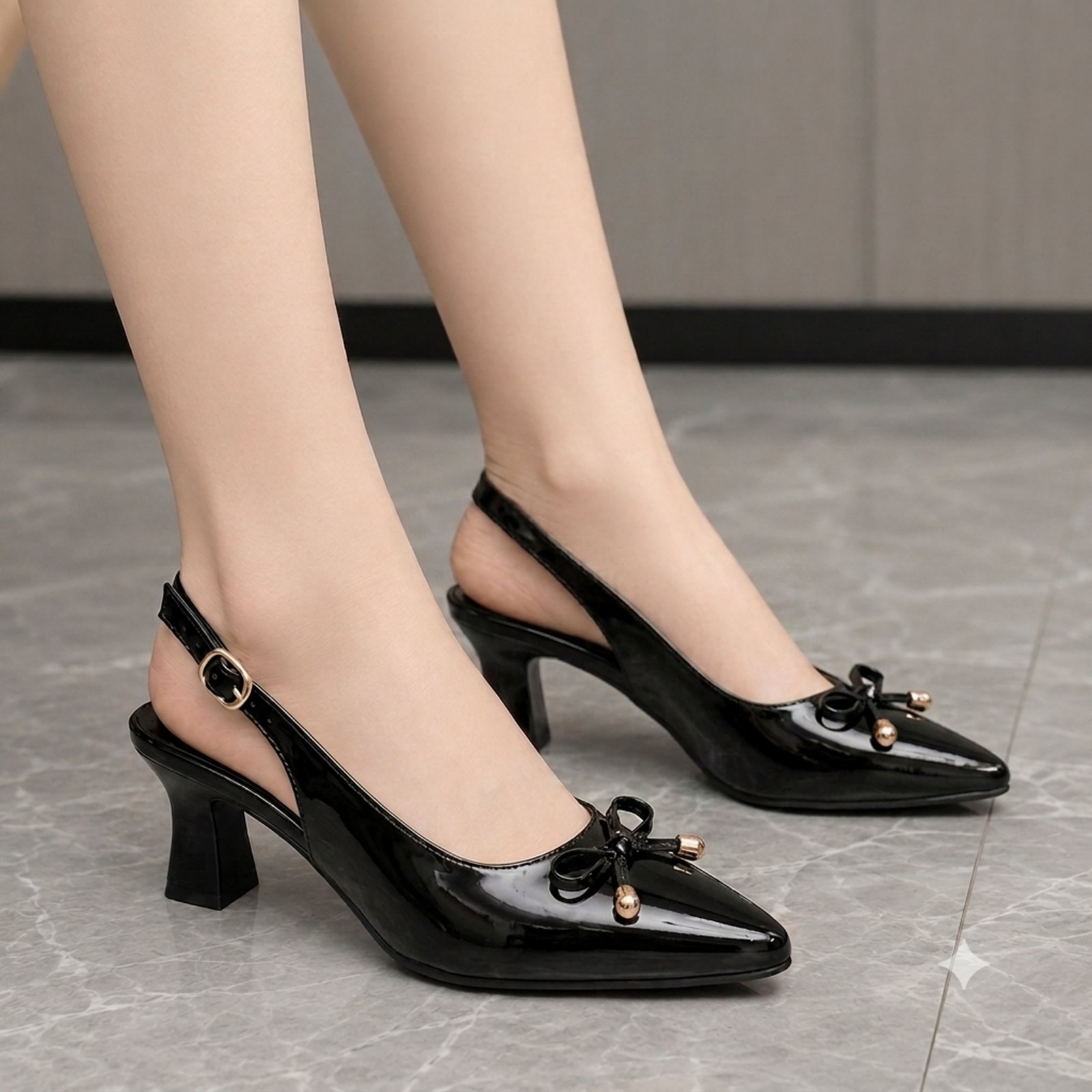 Luxe Patent Leather Pointed-Toe Bow Slingback Heels For Women