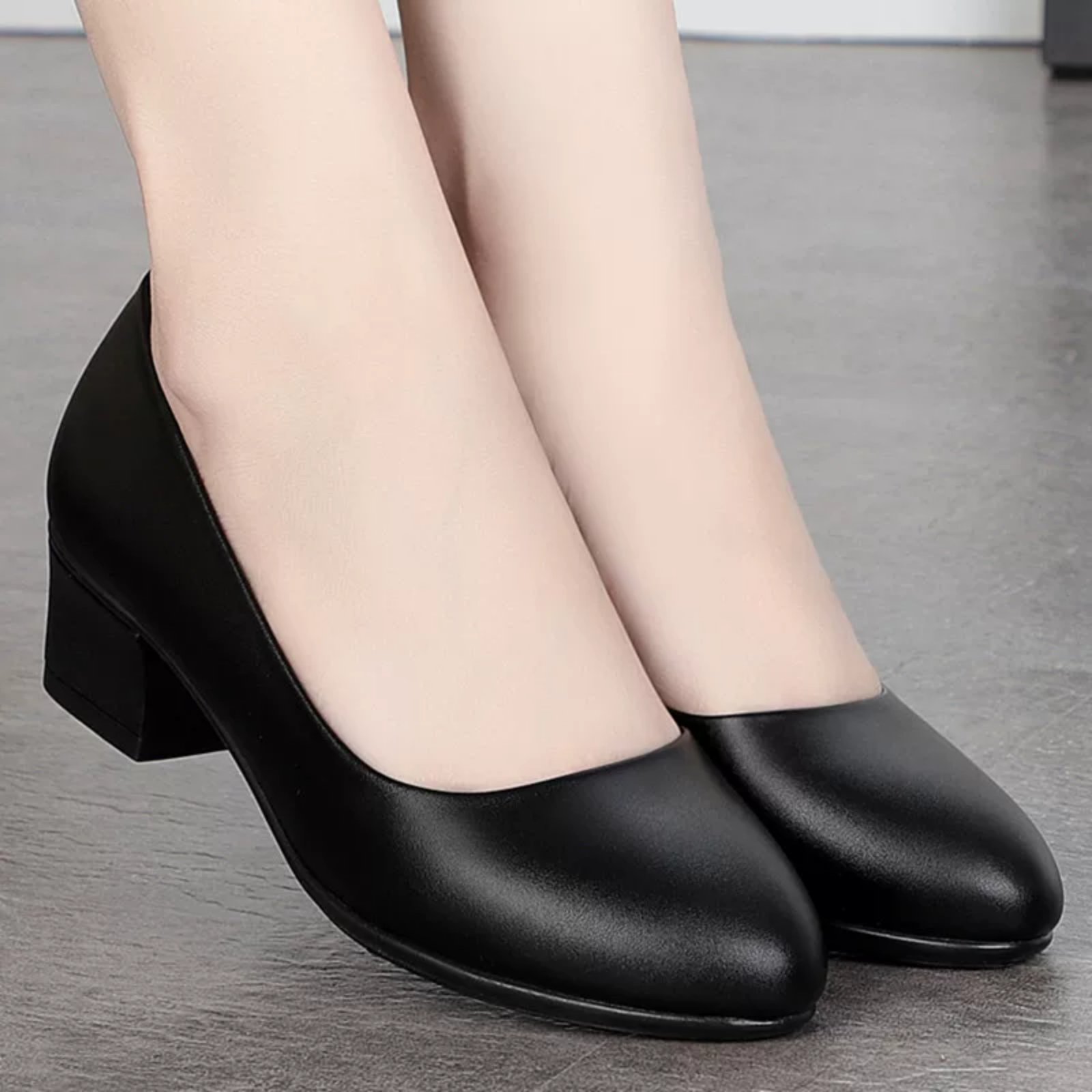 Elegant Black Leather Block Heel Pumps - Women