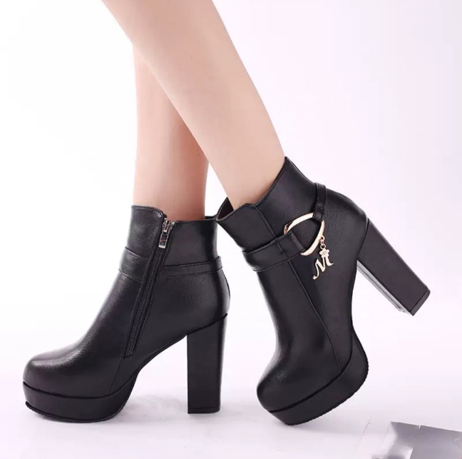 Genuine Leather High Heel Buckle Boots - Women