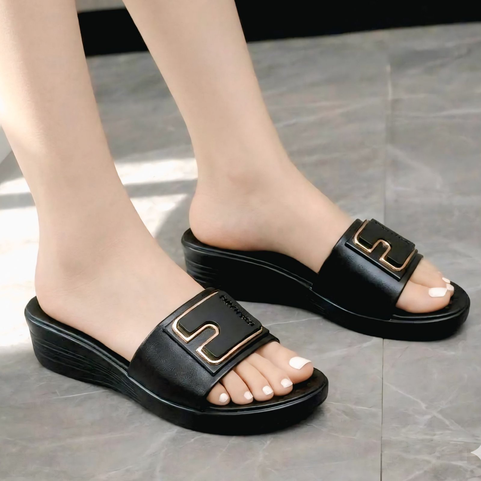 Soft Leather Comfort Wedge Slide Sandals with Gold Buckle – Women’s