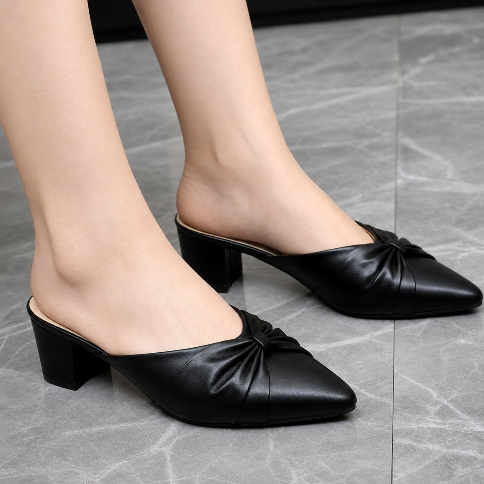 Black Pointed-Toe Knot Block-Heel Mules  Soft Cushion & Lightweight - Women