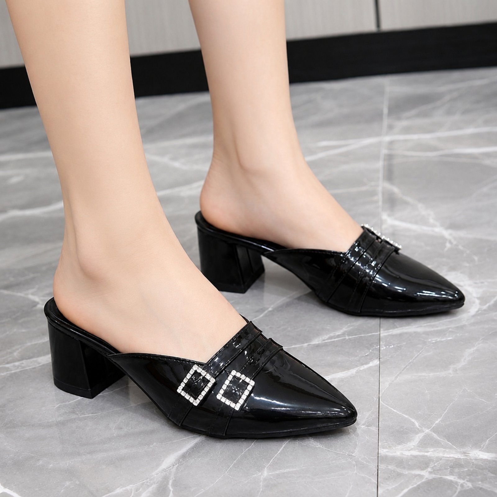 Elegant Comfortable Patent Mule Block-Heel Pumps - Women