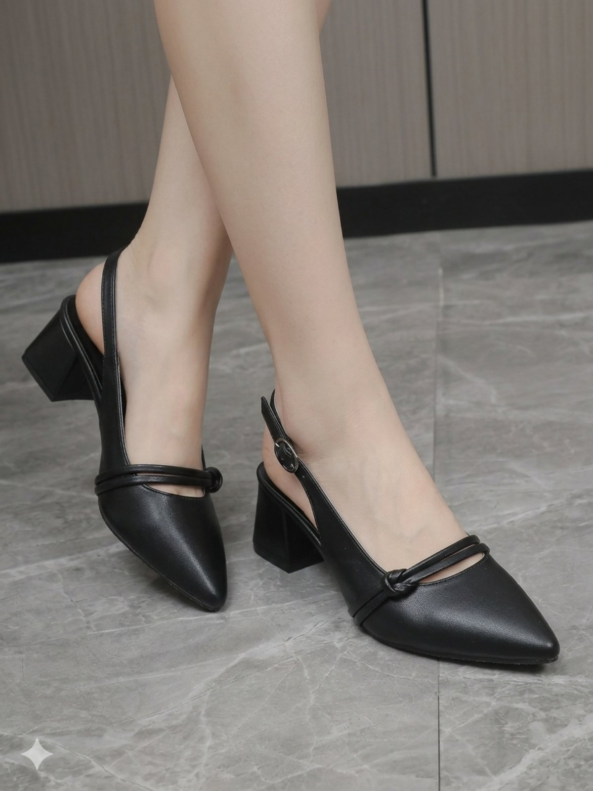 Black Color Elegant Block-Heel Slingback Strap Shoes Stylish & Classy For Women 