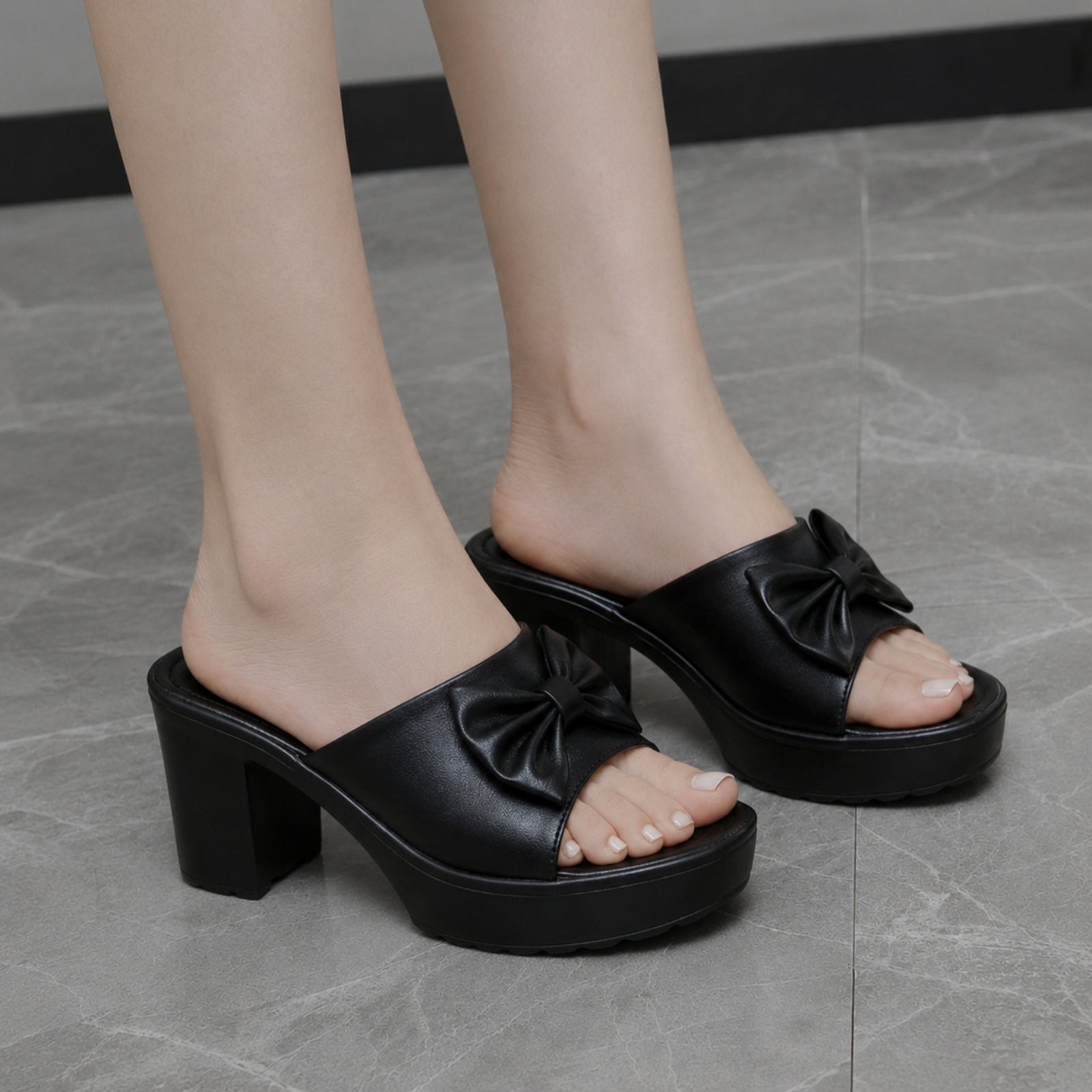 Black Bow-Accent Platform Block-Heel Sandals For Women