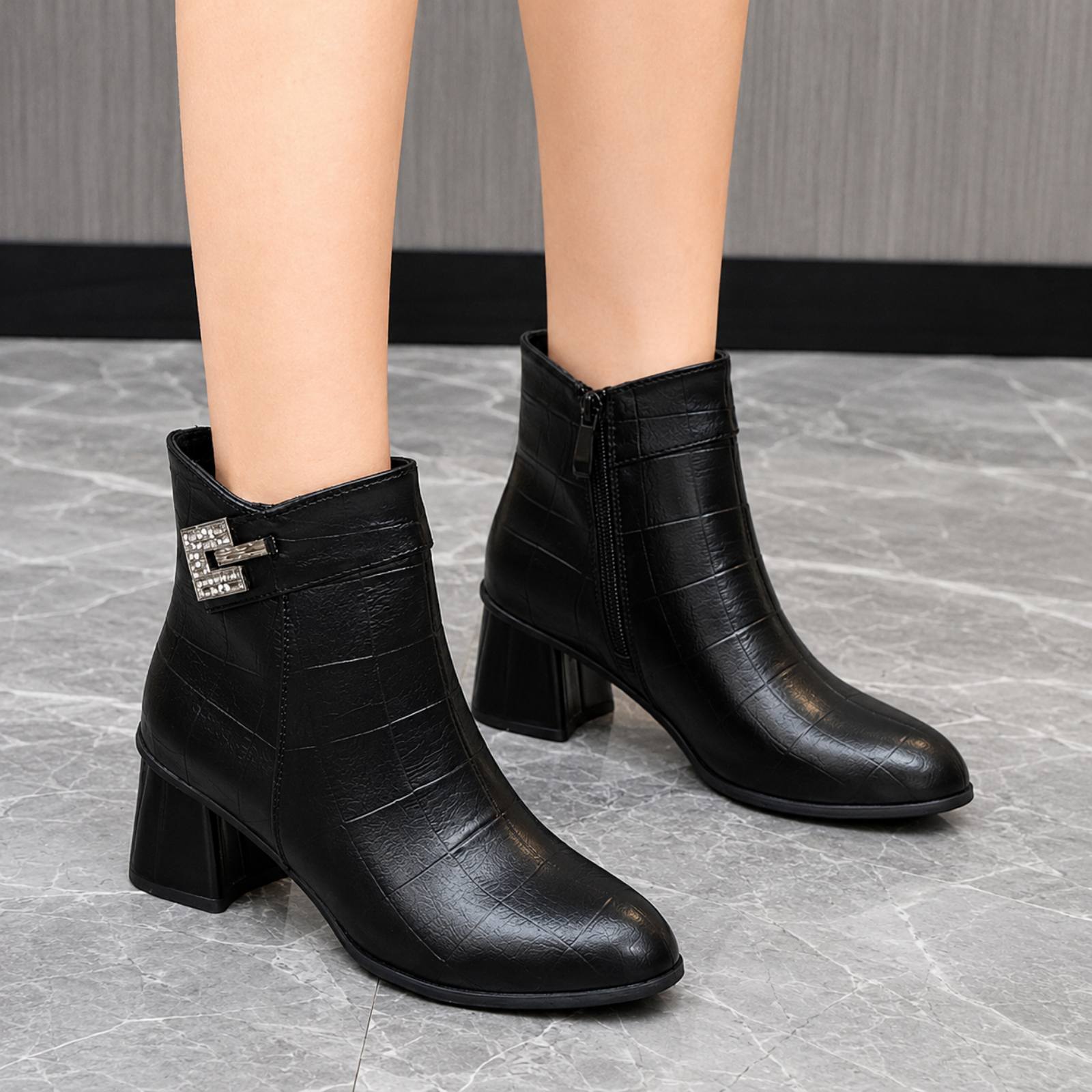 Black Crocodile-Texture Buckle Ankle Boots For Women