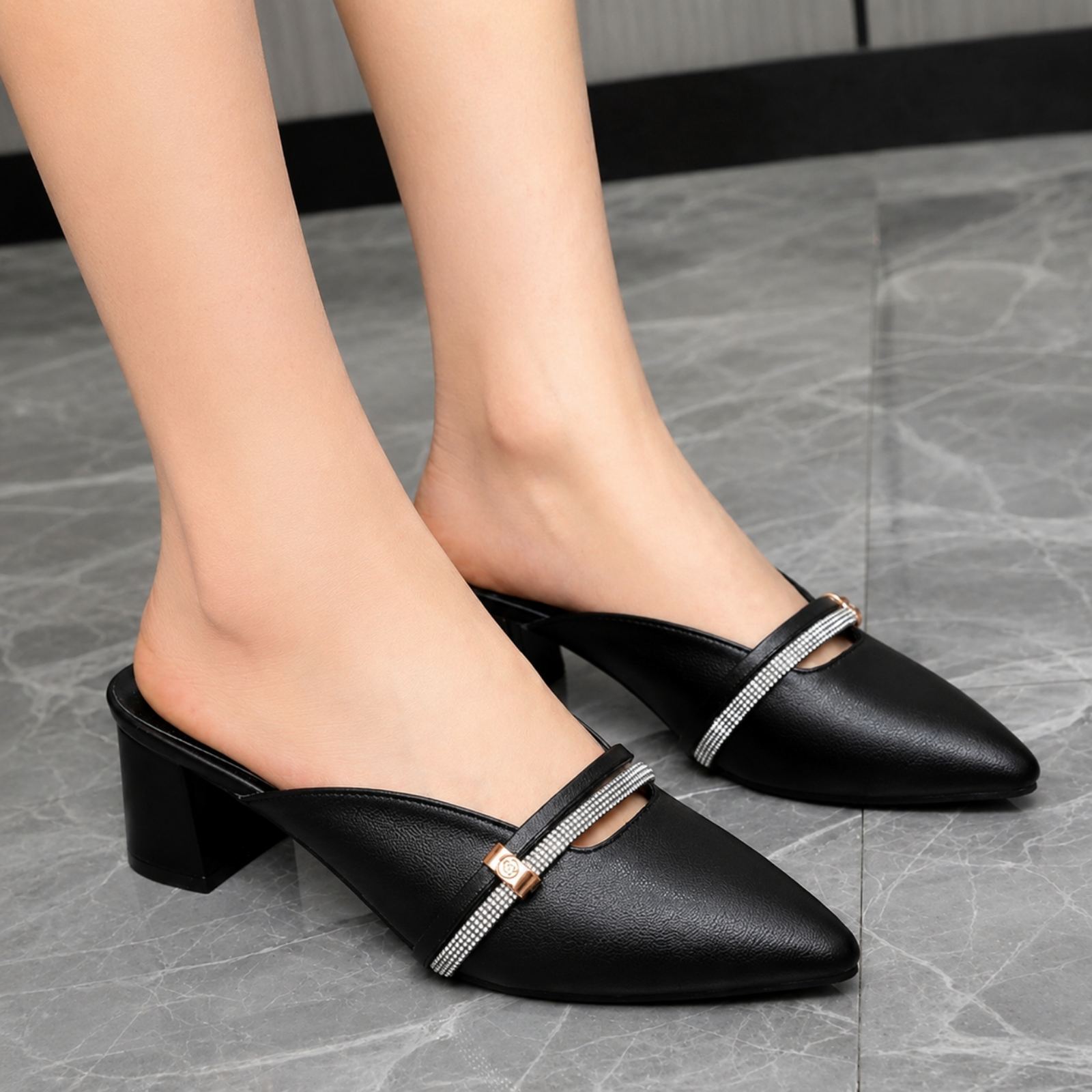  Black Crystal Strap Pointed-Toe Mules For Women