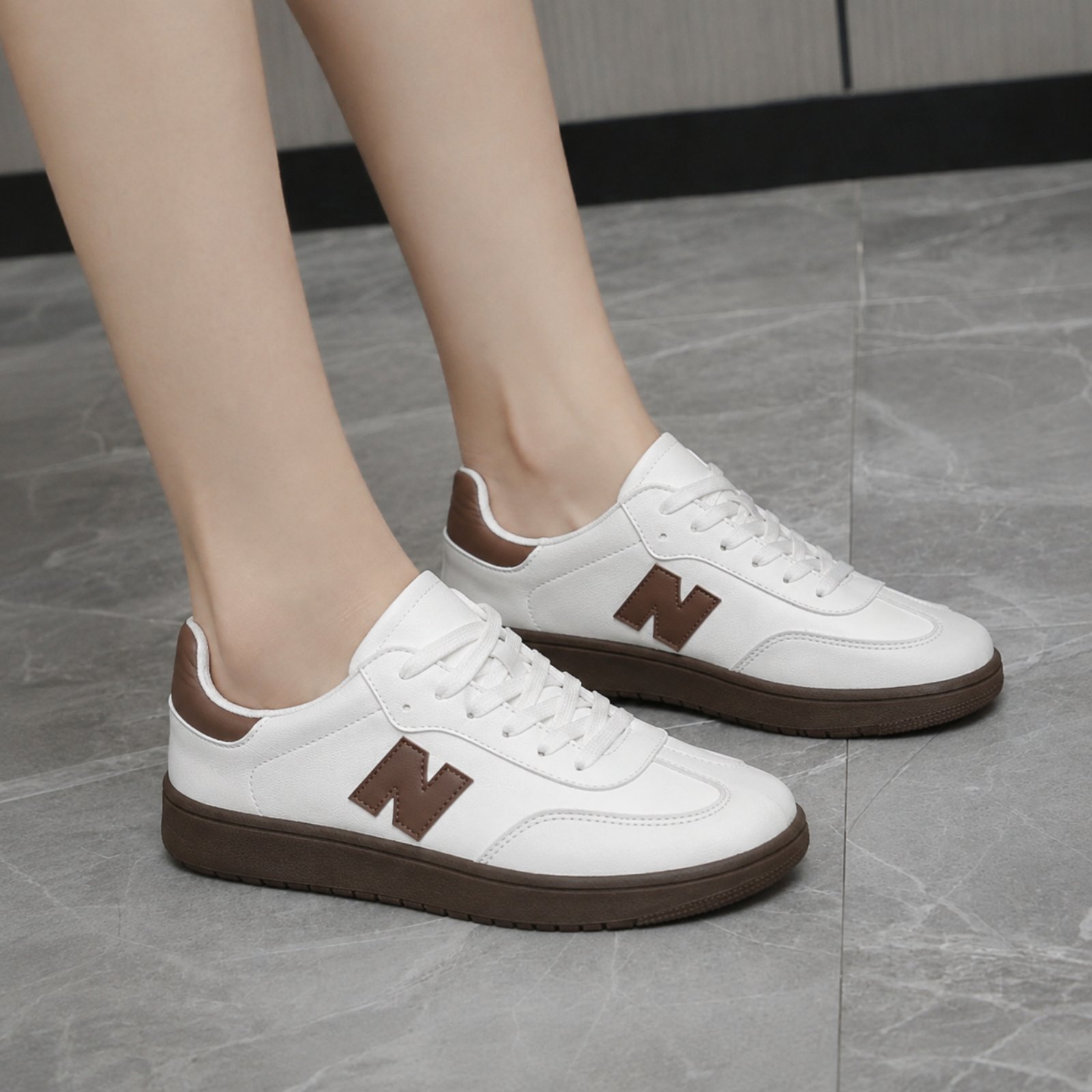 Korean LuxeStride White & Brown Sneakers For Women