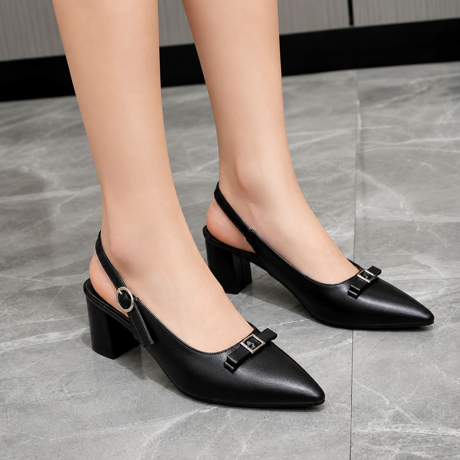 Black Pointed-Toe Slingback Pumps For Women