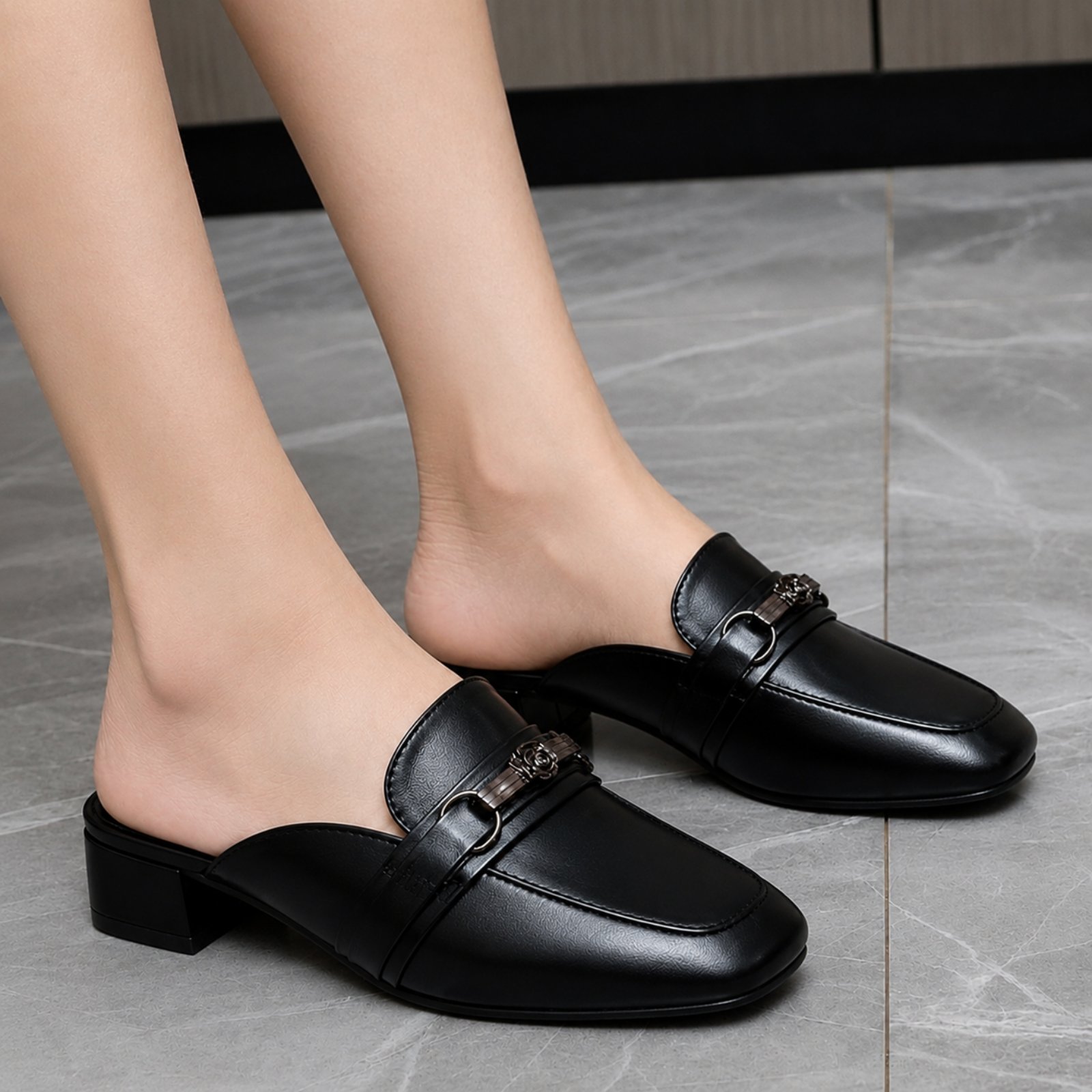 Black Buckle Block-Heel Loafers For Women