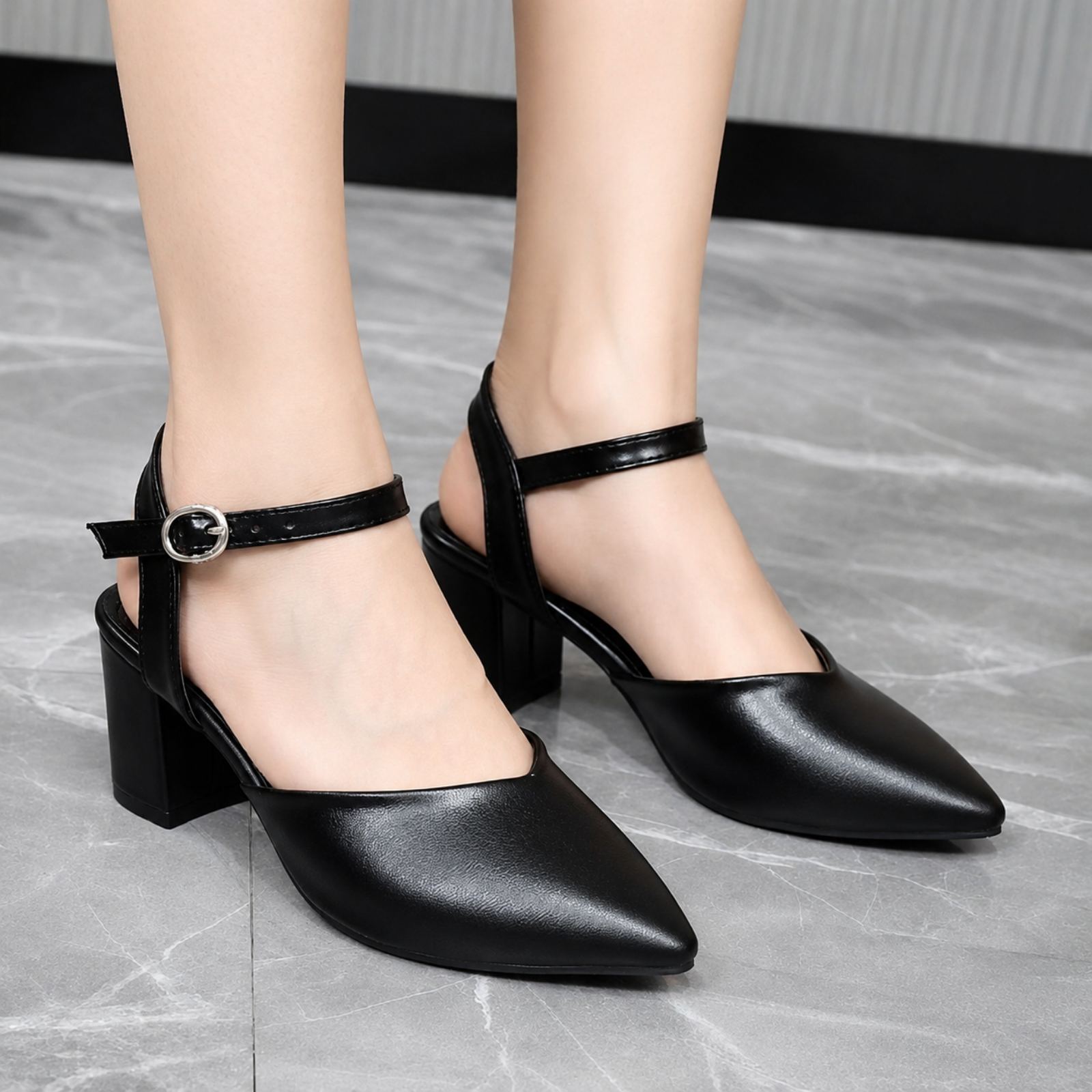 Black Color Pointed-Toe Ankle-Strap Block-Heel Pumps For Women