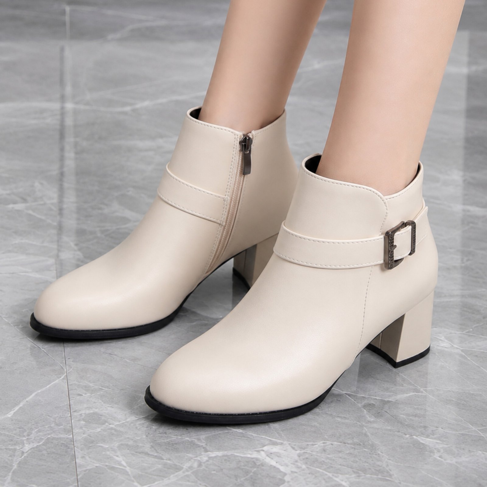 Leather Gold Buckle Block-Heel Ankle Boots For Women