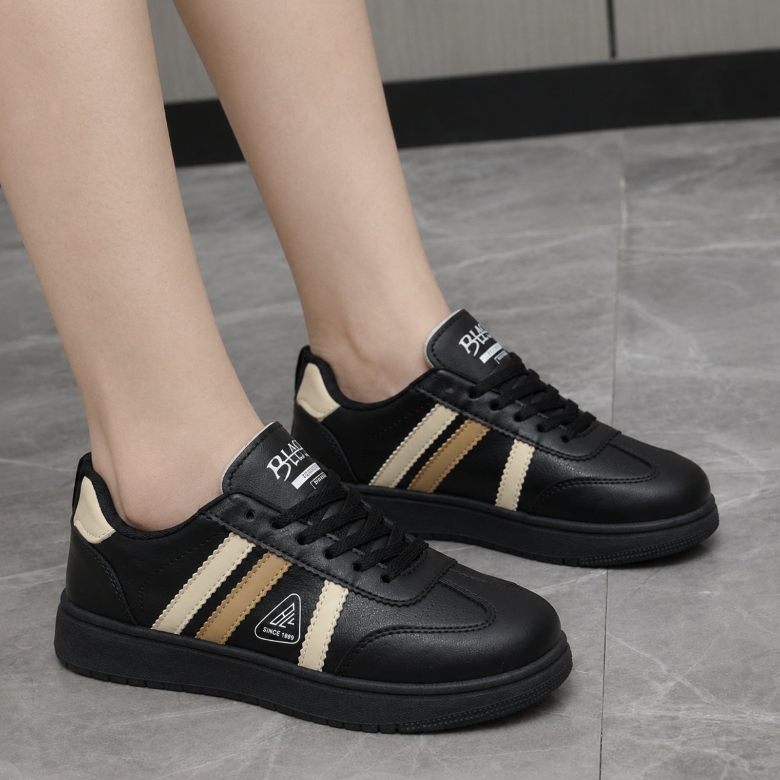 Black & Gold Stripe Leather Sneakers For Women