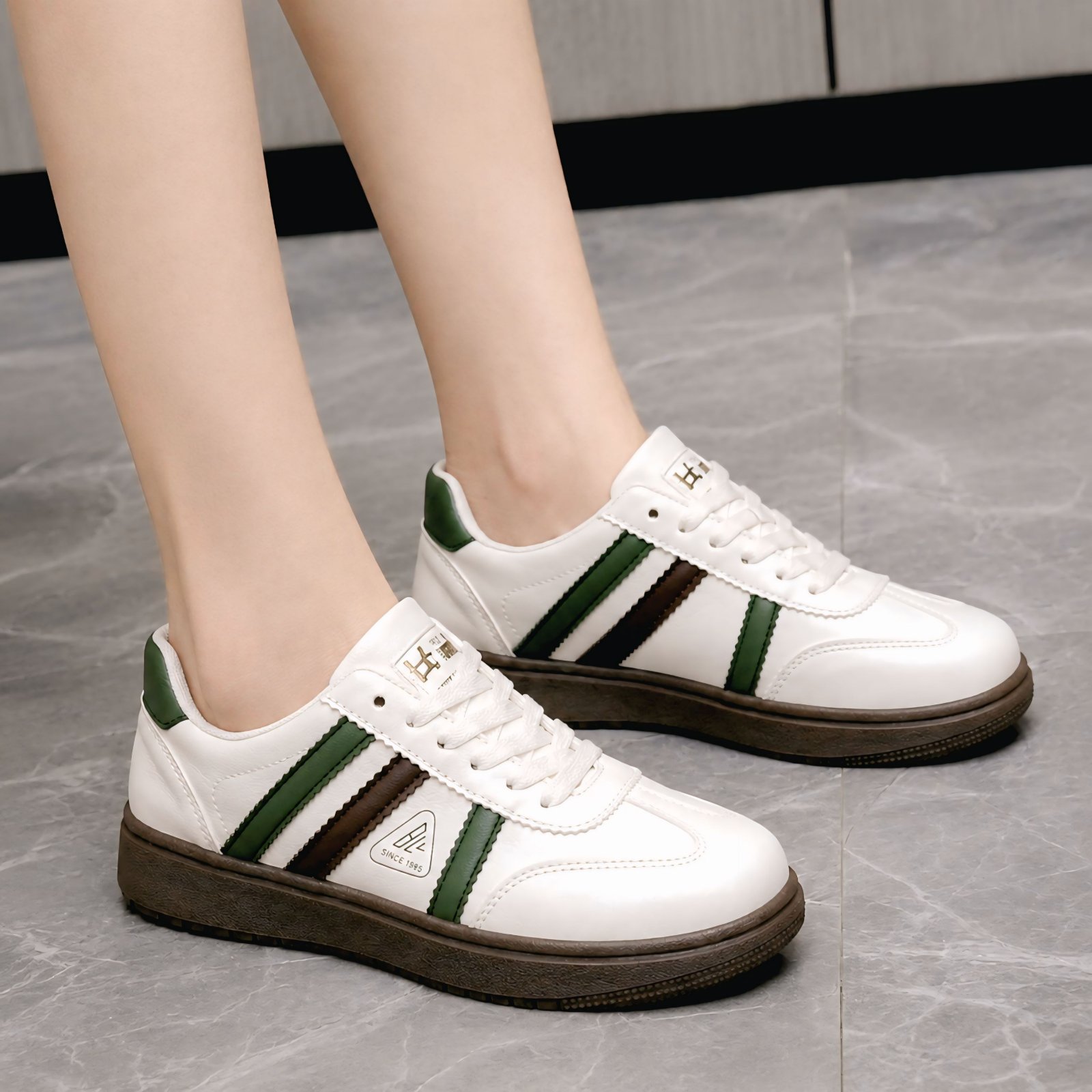 White & Green Stripe Leather Sneakers 