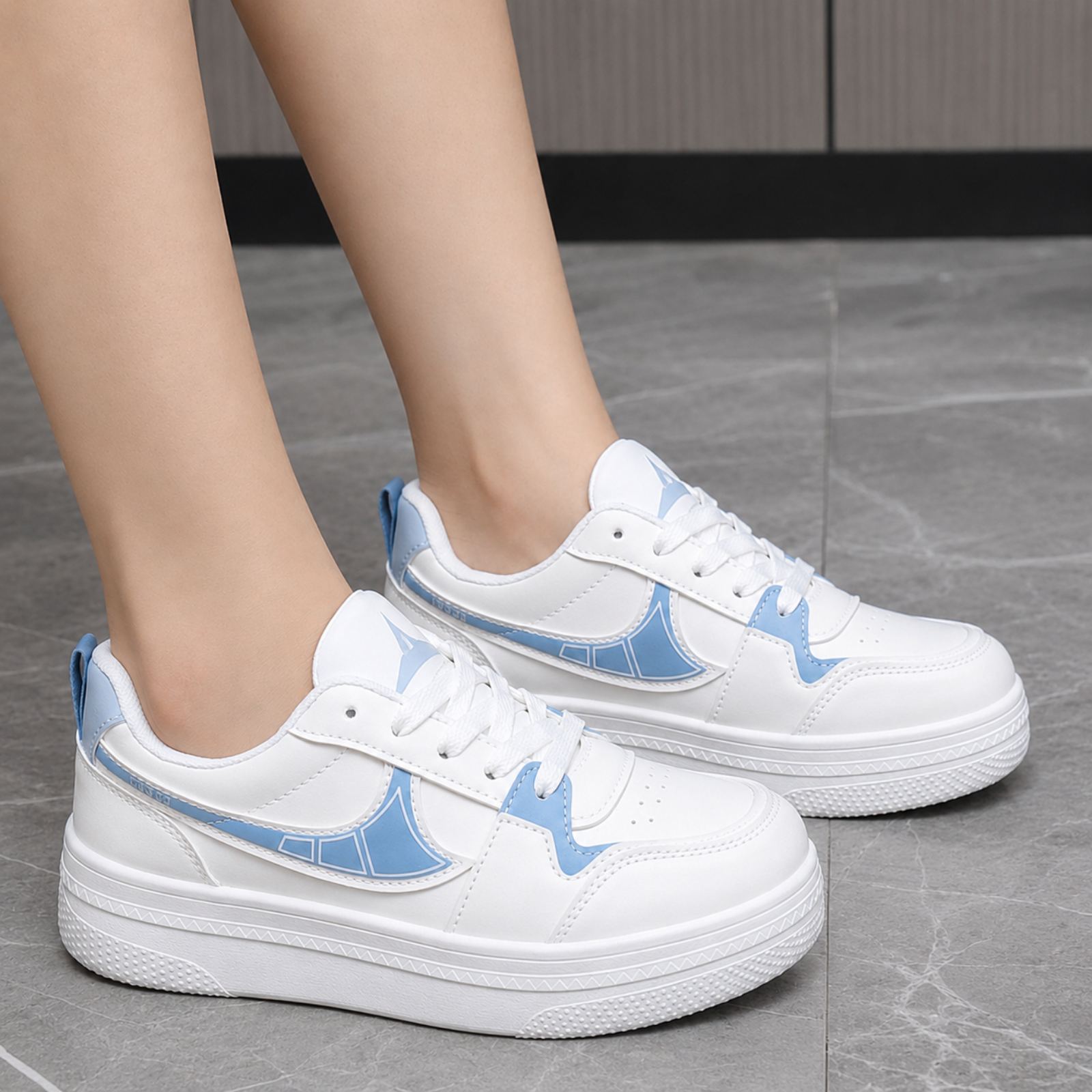 White & Sky Blue Leather Sneakers For Women