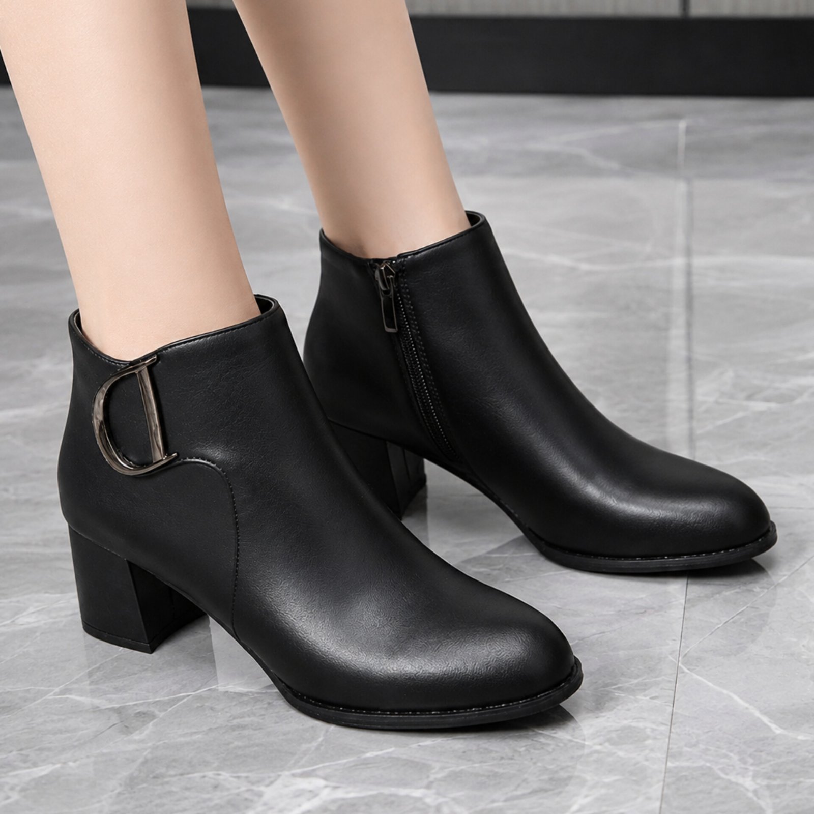 Leather Buckle Block-Heel Ankle Boots For Women 