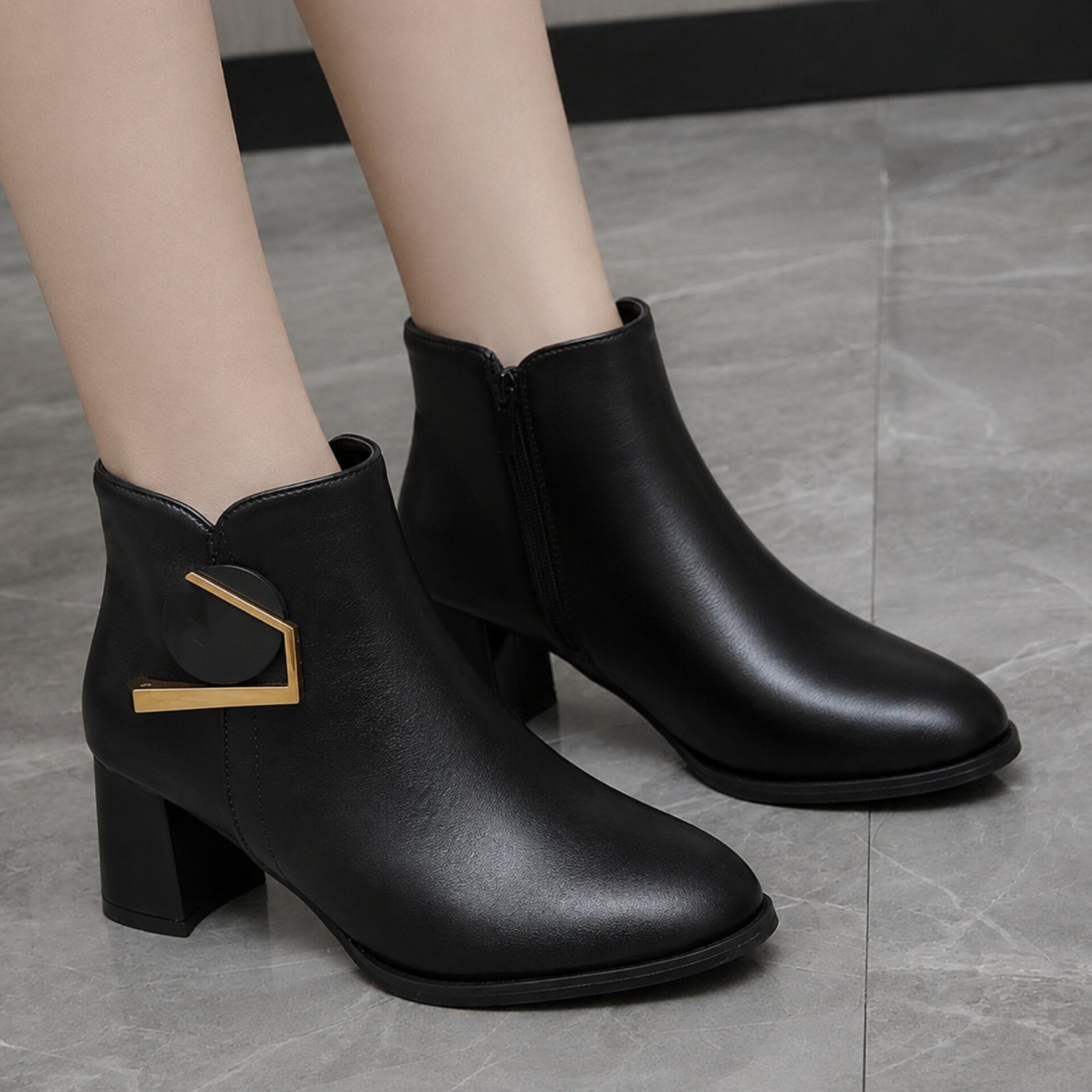 Elegant Gold Accent Block-Heel Ankle Boots For Women