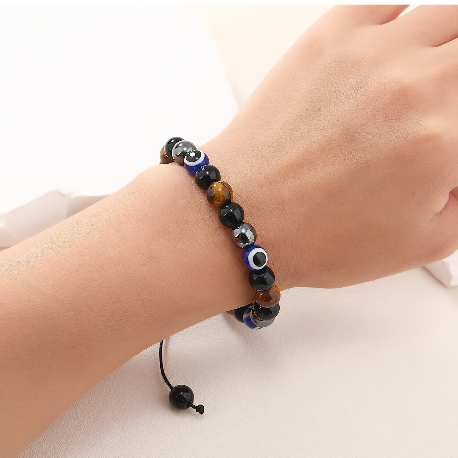 Protection Evil Eye Tiger Eye Hematite Obsidian Beaded Bracelet for Unisex by Treasure Box Nepal
