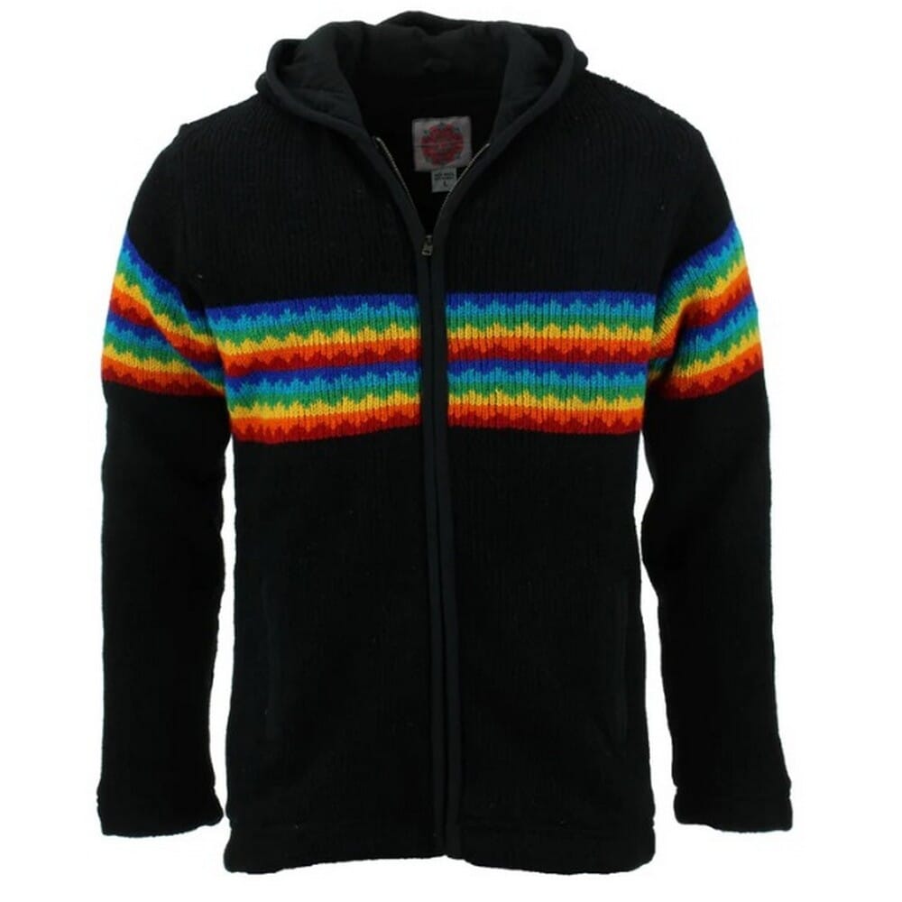 Black Rainbow Stripe Hippie Knitted Winter Hoodie For Men