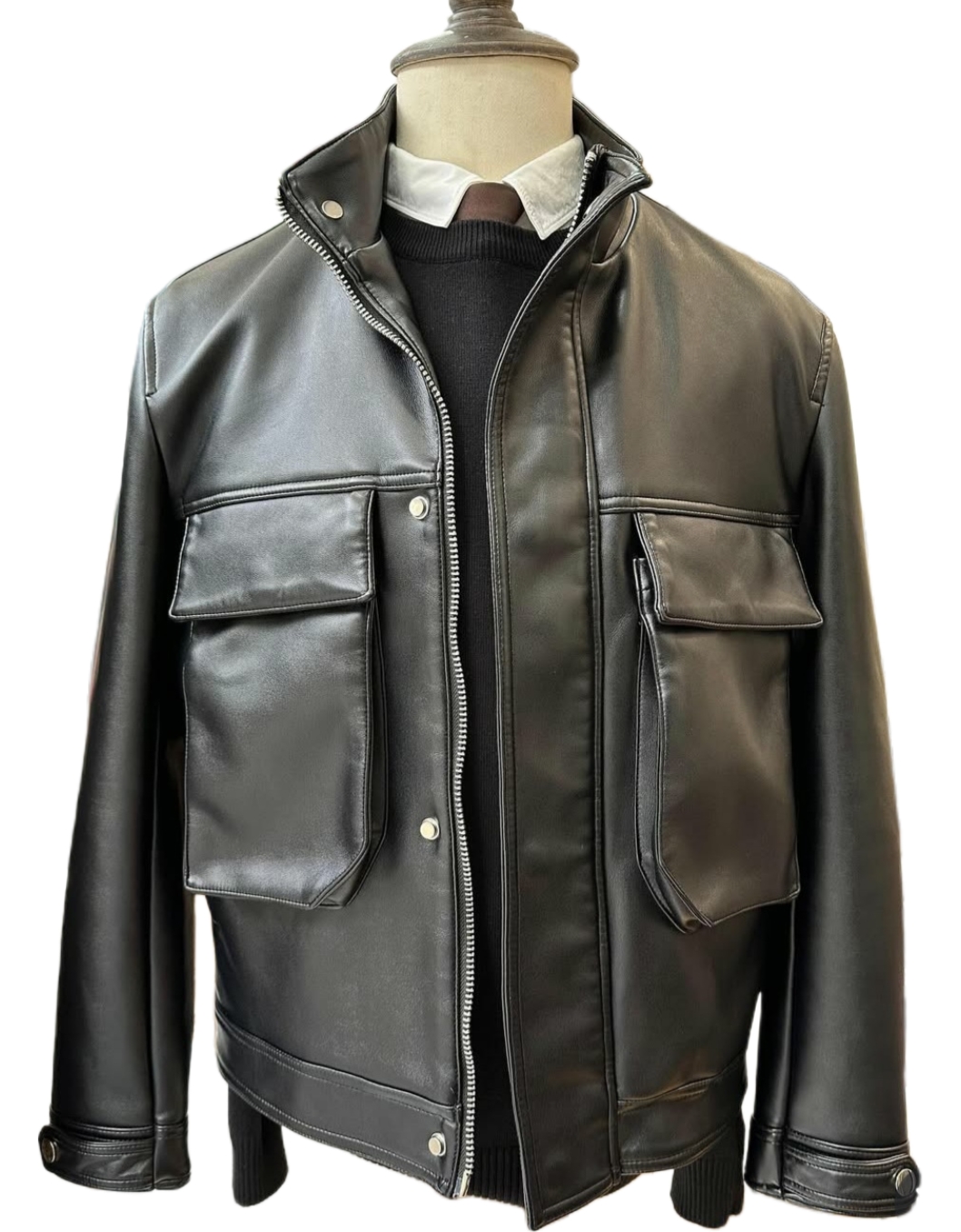 Box Pocket Leather Jacket For Men