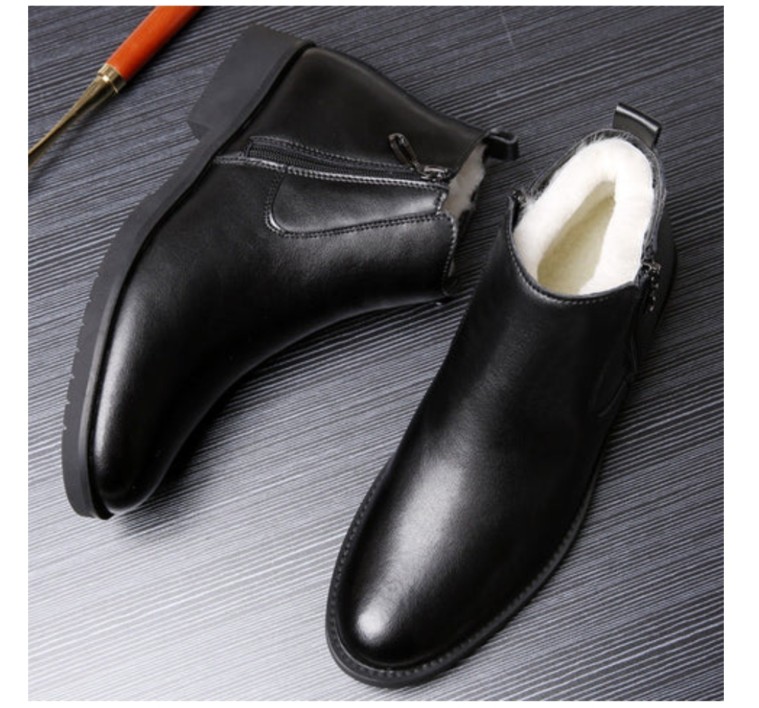 Zip Leather Black Ankle Boots For Men