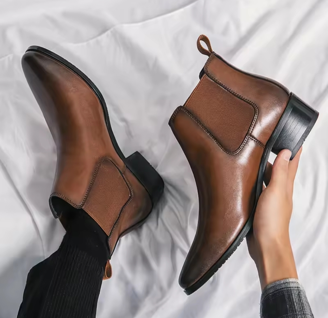 Brown Color Leather Classic Ankle Boots For Men