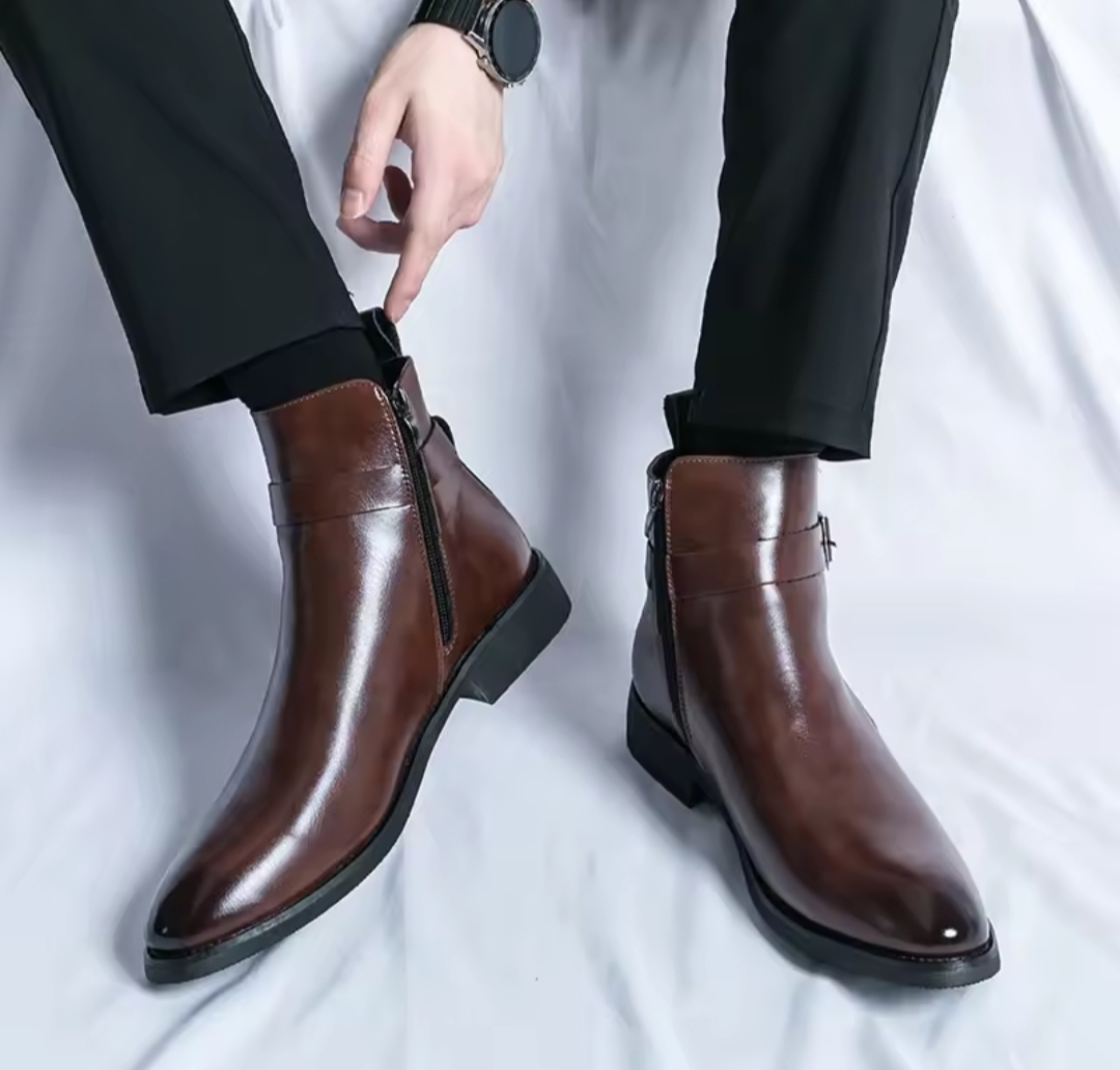 Brown Zip Leather Classic Ankle Boots For Men