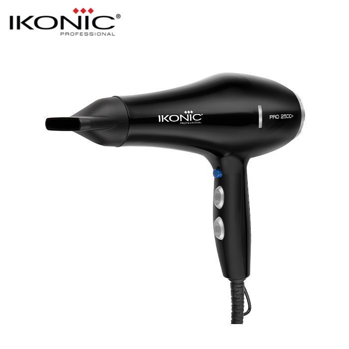 Ikonic Professional Pro 2500W Ionic Hair Dryer With 3 Heat Settings, 2 Nozzles, Black